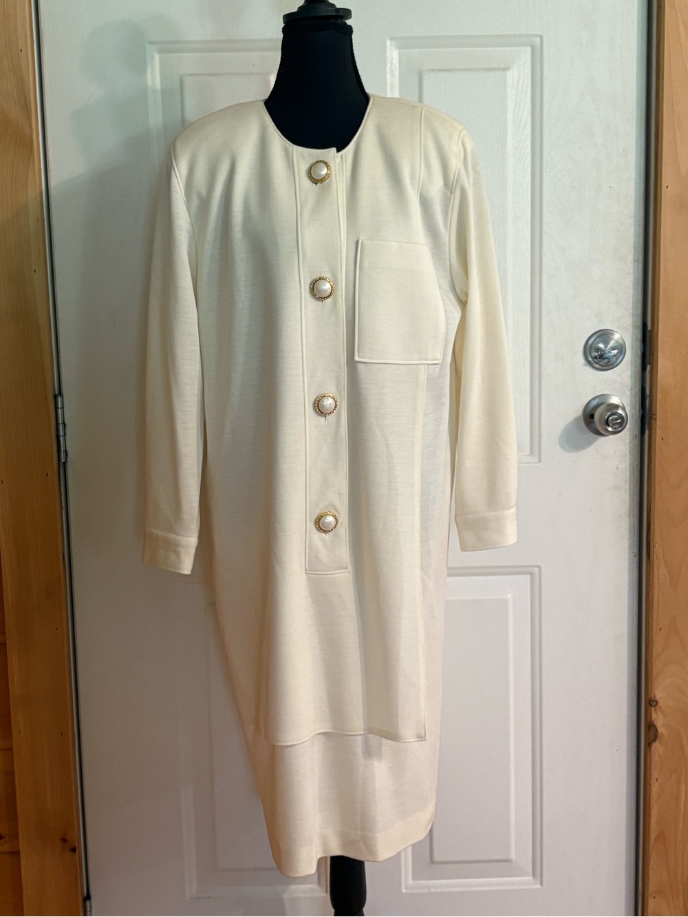 Vintage 80s Ciao Ltd Ivory 100% Wool Midi Dress Sz 10 Pearl Buttons Hong Kong